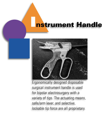 Instrument Handle - Ergonomically designed disposable instrument handle is used for bipolar electrosurgery with a variety of tips. The actuating means, safe/arm lever, and selective, lockable tip force are all proprietary.
