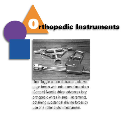 Orthopedic Instruments - (Top) Toggle-action distractor achieves large forces with minimum dimensions. (Bottom) Needle driver advances long orthopedic wires in small increments, obtaining substantial driving forces by use of a roller clutch attachment.