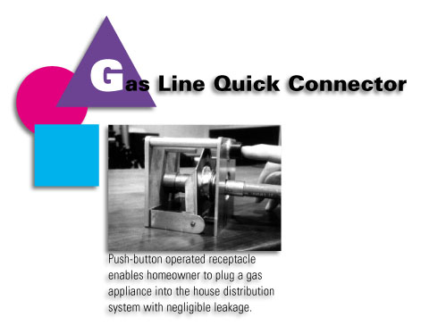 Gas Line Quick Connector - Push-button operated receptacle enables homeowner to plug a gas appliance into the house distribution system with negligible leakage.