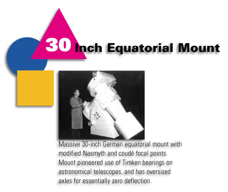30-Inch Equatorial Mount - Massive 30-inch German equitorial mount with modified Nasmyth and coude focal points. Mount pioneered use of Timken bearings on astronomical telescopes, and has oversized axles for essentially zero deflection.