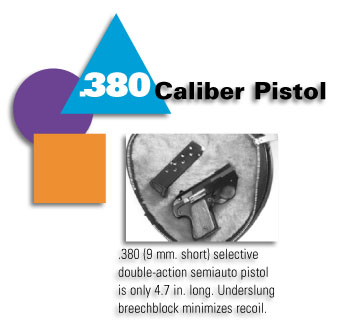 .380 Caliber Pistol - PR Lichtman Company - Ordnance - .380 (9mm) selective double-action semiauto pistol is only 4.7 inches long. Underslug breechblock minimizes recoil.