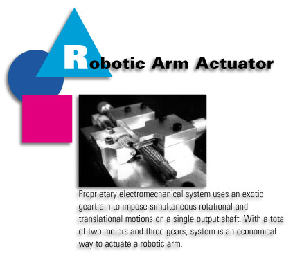 Robotic Arm Actuator - Proprietary electromechanical system uses an exotic geartrain to impose simultaneous rotational and translational motions on a single output shaft. With a total of two motors and three gears, system is an economical way to actuate a robotic arm.