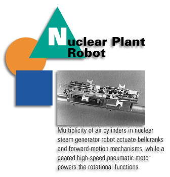 Nuclear Plant Robot - Multiplicity of air cylinders in nuclear steam generator robot actuate bellcranks and forward-motion mechanisms, while a geared high-speed pneumatic motor powers the rotational functions.